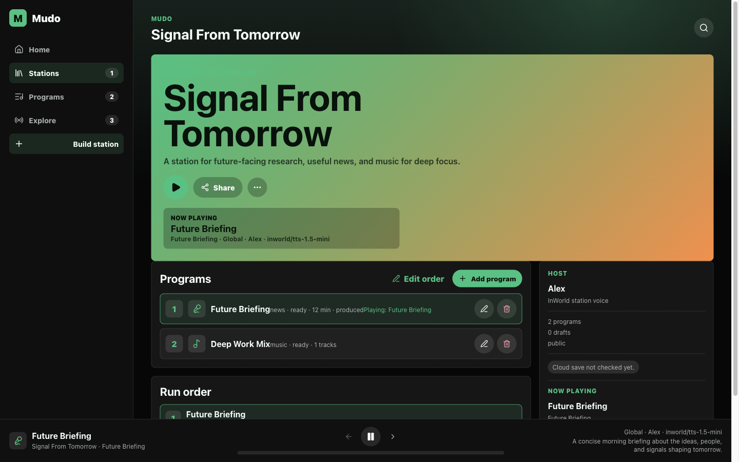 Mudo station page with programs and player